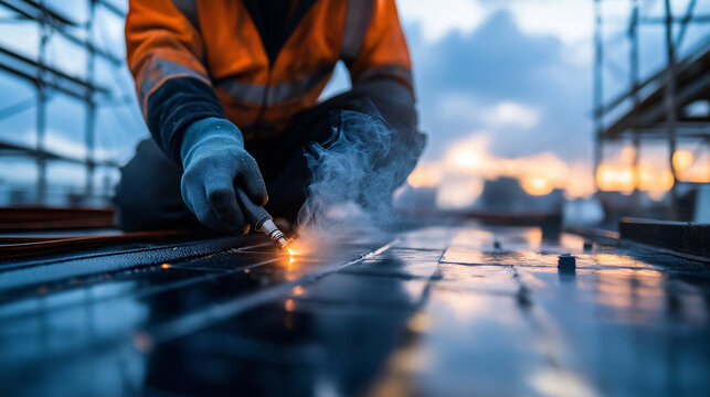 A close-up view of a workerâs hands using a blowtorch to seal the edges of a bitumen membrane, smoke gently rising into the air, with the structured rooftop and scaffolding surroun