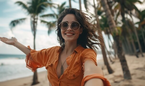 Smiling woman taking selfie on sunny beach, showcasing carefree summer vibes and connection with nature