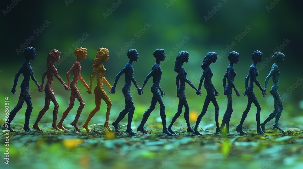 Poster a colorful line of figures holding hands, symbolizing unity and connection against a blurred green b