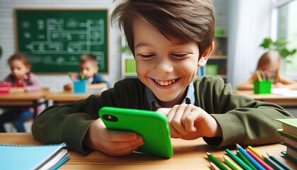 Happy Schoolboy Using Smartphone in Classroom.