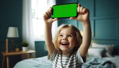 Happy Little Girl Holding Phone with Green Screen.