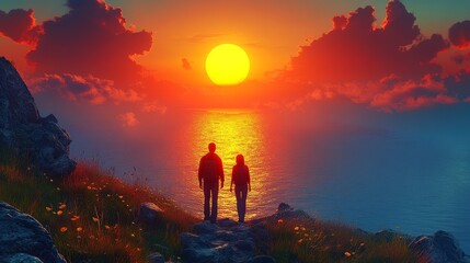 Obraz premium A couple stands hand in hand, admiring a breathtaking sunset over the ocean, with vibrant colors and dramatic clouds.