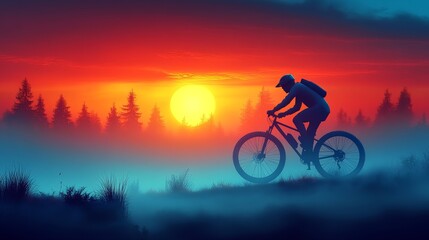 Naklejka premium A cyclist rides through a misty landscape at sunset, showcasing adventure and tranquility in nature's beauty.