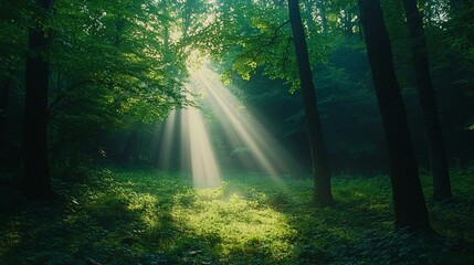 Obraz premium Sunbeams Filtering Through a Lush Forest Canopy