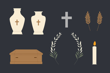 Hand drawn vector set for Funeral service. Illustration for design with funeral attributes, flowers, leafs, branches, coffin, urn for ashes and cremation, cross, candle. Symbols of condolence of dead