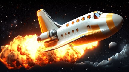 A dynamic spacecraft taking off with vibrant flames against a cosmic background, showcasing adventure and innovation in space travel.