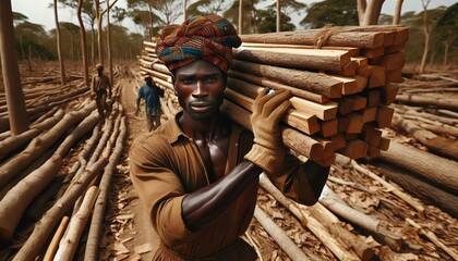 Fototapeta premium African Man Carrying Wood in a Forest.