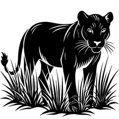 Stealthy Lioness Silhouette in Tall Grass  Vector Art