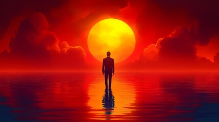 A lone figure stands in water, silhouetted by a vibrant sunset with deep reds and yellows, evoking solitude and reflection.