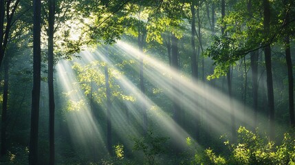 Sunbeams Piercing Through a Misty Forest