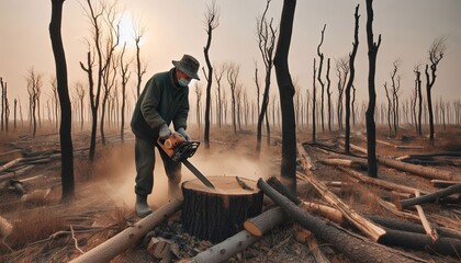 Man Cutting Down Trees with Chainsaw in a Devastated Forest.