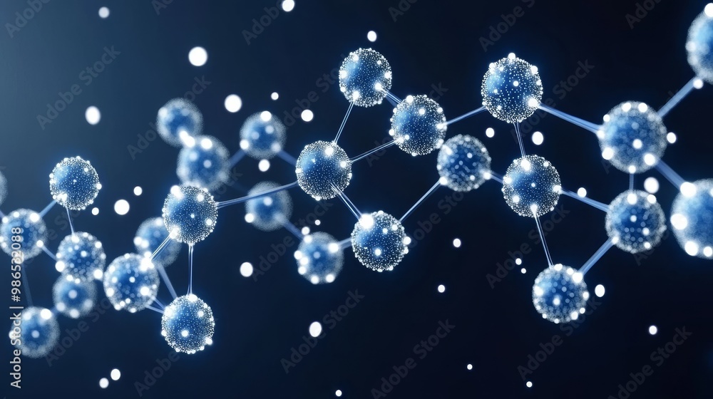 Poster a mesmerizing depiction of molecular structures, showcasing interconnected atoms in a blue-themed ba