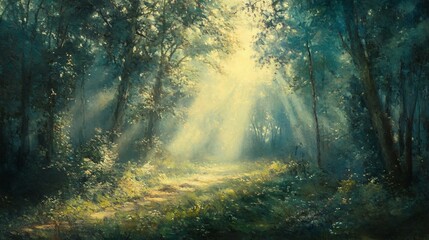 Obraz premium Sunbeams Illuminating a Forest Path