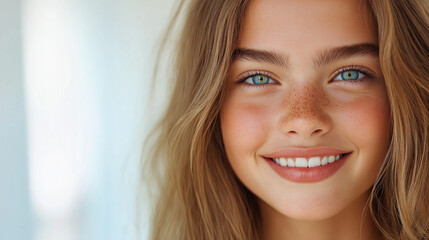 Naklejka premium A radiant girl with a natural, bright smile, her skin looking fresh and hydrated, her expression full of happiness and confidence, standing against a softly blurred background.