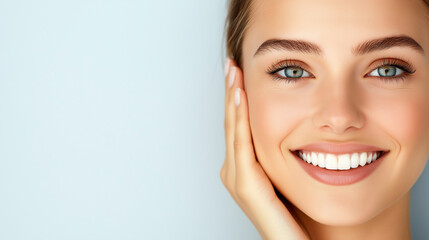 Obraz premium A beautiful woman with fresh, clear skin, smiling with a peaceful expression, set against a clean, white spa-like background, her face glowing with natural health.