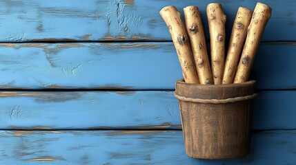 A rustic wooden pot filled with vibrant, fresh sticks displayed against a blue wooden background, ideal for culinary shots.