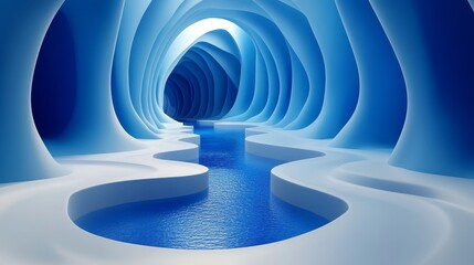 Obraz premium A serene blue cave featuring smooth curves and a flowing waterway, creating a tranquil and calming atmosphere.