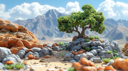 A serene landscape featuring a solitary tree amidst rocky terrain, surrounded by mountains and vibrant greenery.