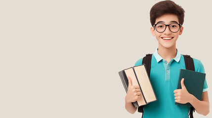 A teacher holding books and smiling confidently, giving a thumbs up, standing on a neutral background, symbolizing success in education.