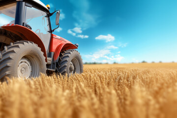 Obraz premium The tractor harvests golden wheat under the clear blue sky in a rural landscape during summer