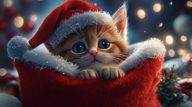 cute kitten in a santa hat sitting inside a red christmas bag with festive decorations and bokeh lights in the background, high-resolution digital art, hyperrealistic quality perfect for wallpaper