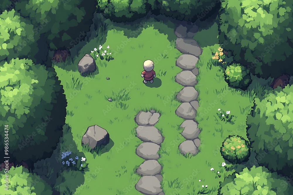 Poster top down view of a cartoon character in a green forest with stone path