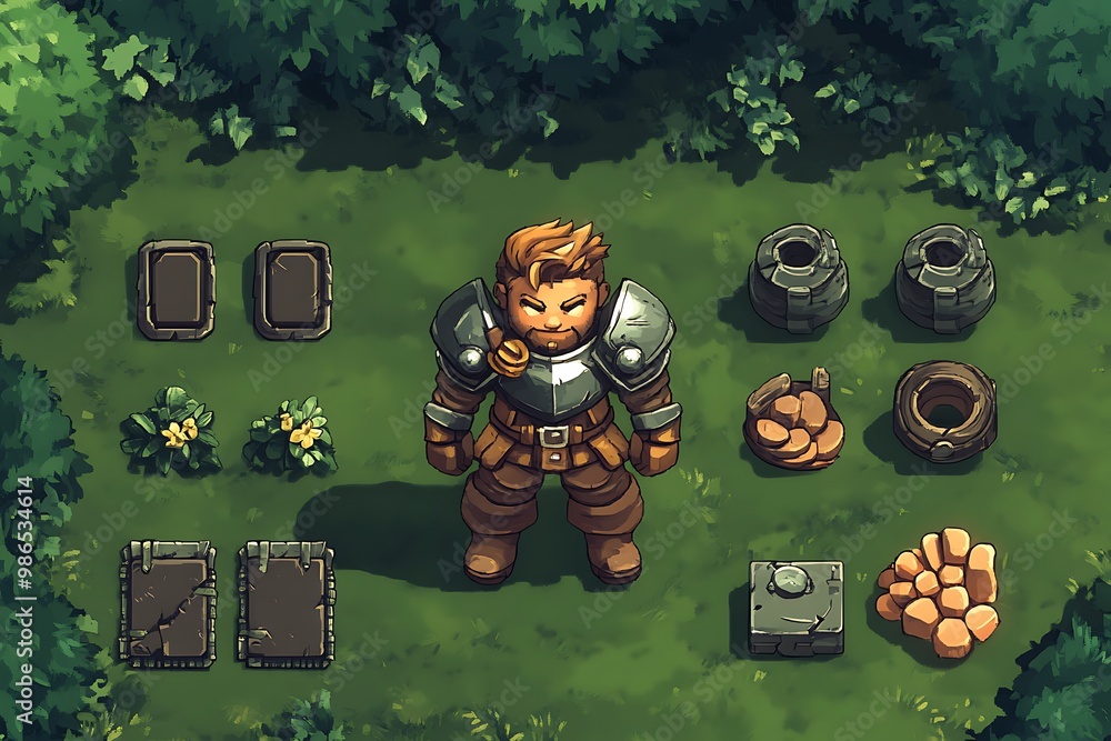 Poster top down rpg game character sprite sheet with various items and environment assets