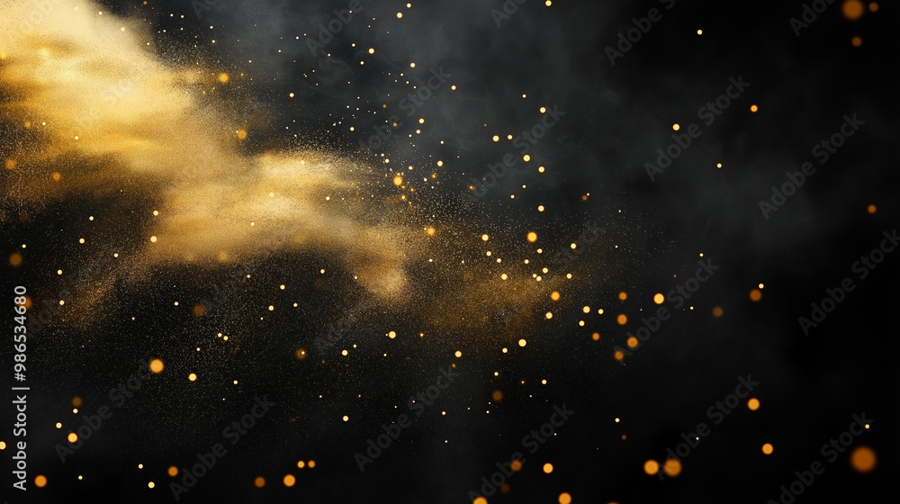 Poster a faint cloud of gold dust suspended on a deep black canvas, with delicate particles floating as if 