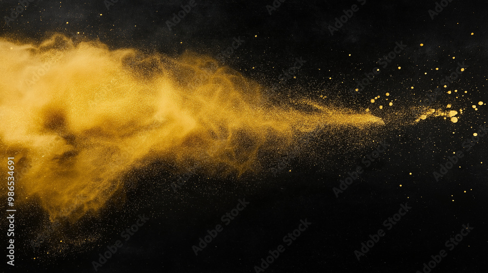 Poster A faint cloud of gold dust suspended on a deep black canvas, with delicate particles floating as if caught in a soft breeze, adding a festive touch.