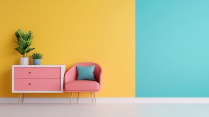 A vibrant living space featuring a pink chair, colorful walls, and a stylish cabinet with a plant, creating a modern and cheerful ambiance.