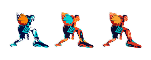 vector sports athlete national championship basketball. Abstract silhouette style isolated white background. Illustration of basketball player in grunge style. Male basketball athlete dribbling ball