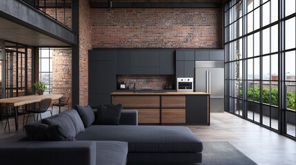 A stylish, modern kitchen with industrial accents, featuring dark cabinetry, a spacious layout, and large windows allowing for abundant natural light.