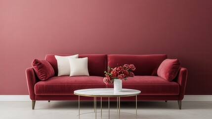 A stylish red sofa with white cushions sits against a matching wall, complemented by a modern coffee table and a vase of flowers.