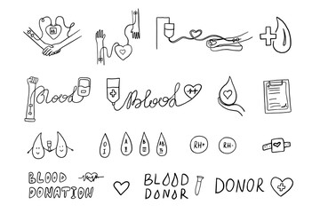 Blood donor in doodle style. Blood type, blood bag, donate blood, blood donation, blood transfusion. Set of healthcare and medicine vector illustration. Hand drawn