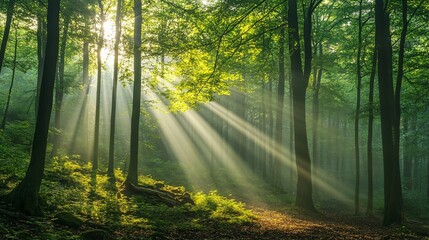 Fototapeta premium Sunbeams Illuminating a Misty Forest Path