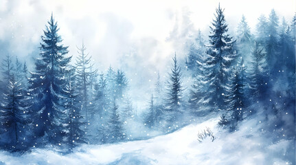 Fototapeta premium Alpine trees in the forest watercolor style illustration with winter color