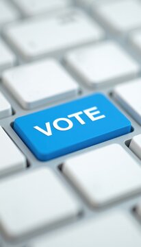 Close-up of a blue keyboard key labeled "VOTE," symbolizing the importance of voting in American elections and digital participation in democracy.