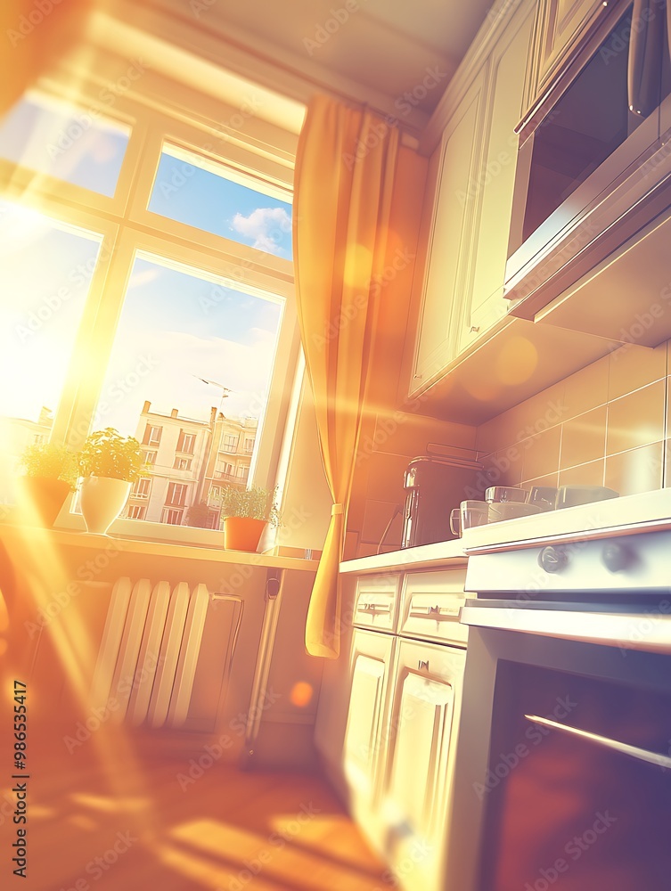 Poster Sunny morning kitchen interior with bright light coming through window