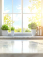 Empty countertop with window view of green plants, sunlight, and blue sky, mockup for product display