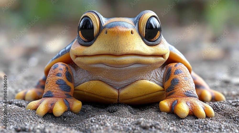 Poster a vibrant, close-up view of a colorful frog resting on the ground, showcasing its unique patterns an