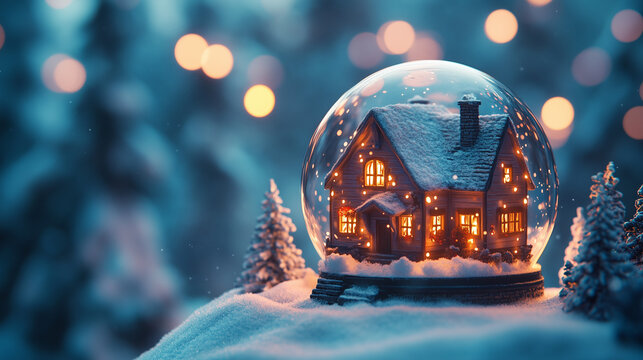 A magical snow globe featuring a cozy cottage nestled in a snowy winter wonderland. The warm glow of lights, cool snow-covered landscape, bokeh lights, Let It Snow. Place for inscription