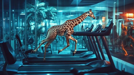 A giraffe is seen running swiftly on a treadmill, surrounded by gym equipment and colorful lighting, creating a juxtaposition of nature and urban exercise
