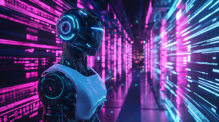 Naklejka premium A sleek robot with neon highlights in a futuristic digital environment, glowing lights all around