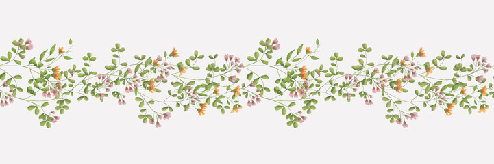 Meadow flowers and leaves on horizontal border. Watercolor digital illustration. Light wild flowers intertwined on seamless pattern, isolated on background. Pink and yellow flowers and fragile leaves