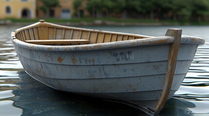 Obraz premium A weathered wooden boat floating calmly on serene water, surrounded by lush greenery, evoking a sense of tranquility and escape.