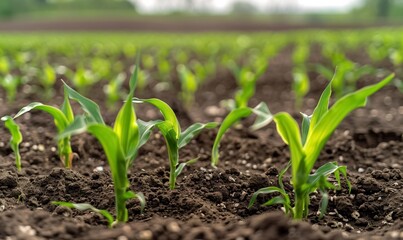 green corn seedlings growing in vast field, agricultural land with fertile soil, young maize plants thriving in cultivated field, fresh sprouts emerging from rich farmland