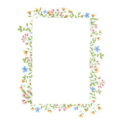 Cute wild flowers and leaves on a frame. Watercolor digital illustration. Light meadow flowers frame an elegant postcard, isolated on the background. Pink and yellow flowers and fragile leaves and