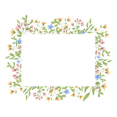 Cute wild flowers and leaves on a frame. Watercolor digital illustration. Light meadow flowers frame a horizontal postcard, isolated on the background. Watercolor flowers and fragile leaves and twigs