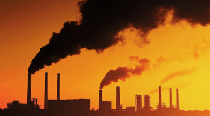 Silhouette of a city under global warming effect. Seeing the pollution from the chimney and smog all around the city. Generative AI.	