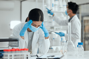 Stress, woman and scientist with headache in laboratory for medical research or experiment fail....
